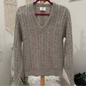 Thane Cable Knit V-Neck Sweater Taupe Oatmeal Size M